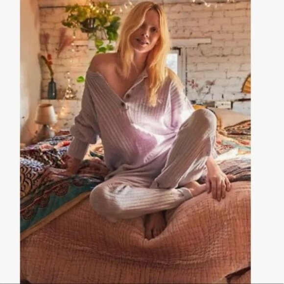 Free People Cream Ribbed Track Pants - Picture 7 of 15